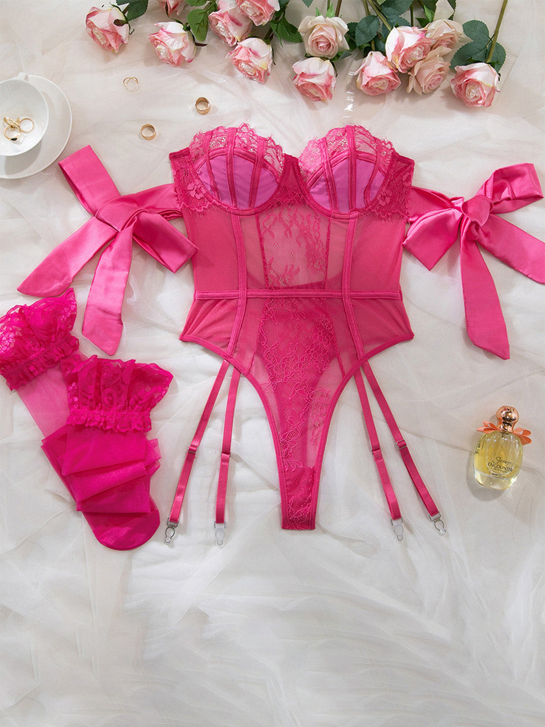 Solid Bow Tie Bodysuit Pajama With Stockings Set - vintage fashion, retro style