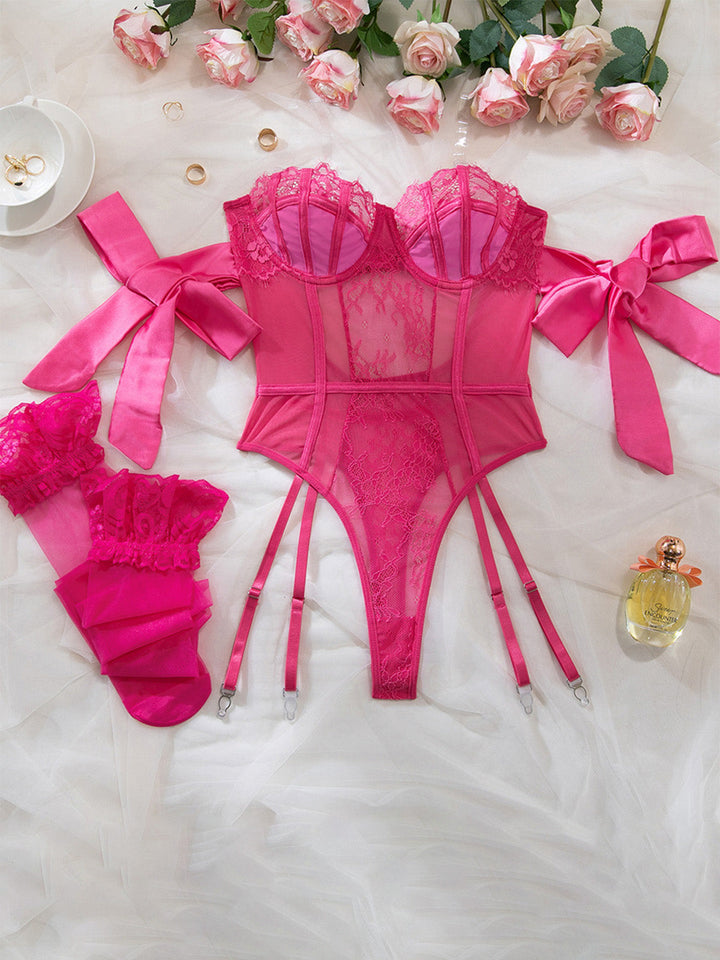 Solid Bow Tie Bodysuit Pajama With Stockings Set - vintage fashion, retro style