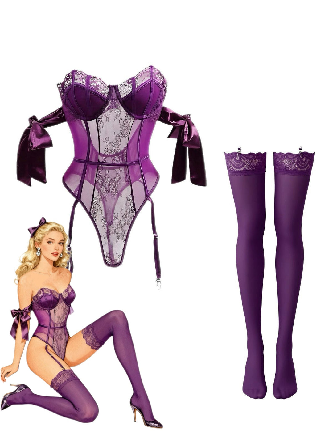 Solid Bow Tie Bodysuit Pajama With Stockings Set - vintage fashion, retro style