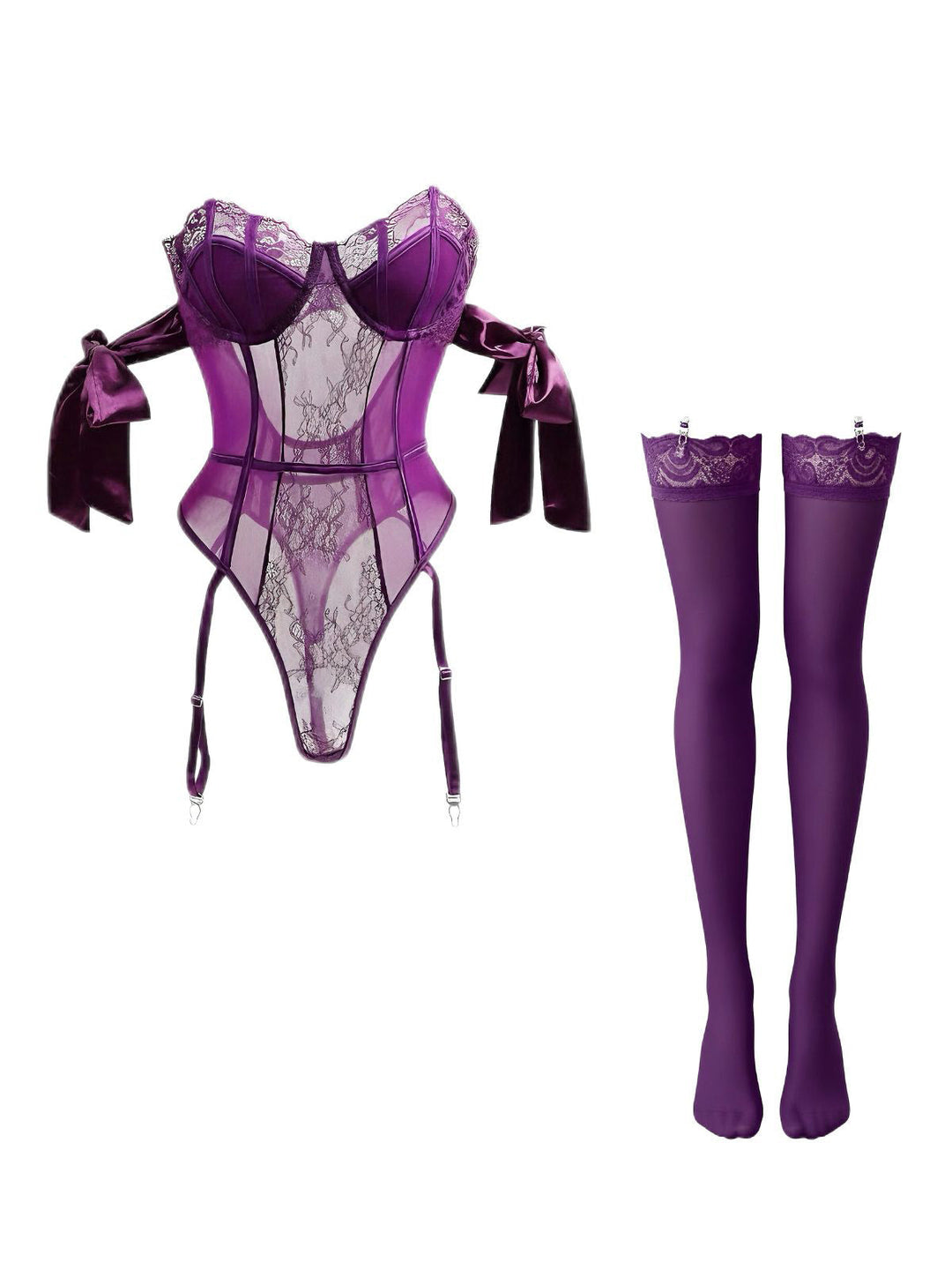 Solid Bow Tie Bodysuit Pajama With Stockings Set - vintage fashion, retro style