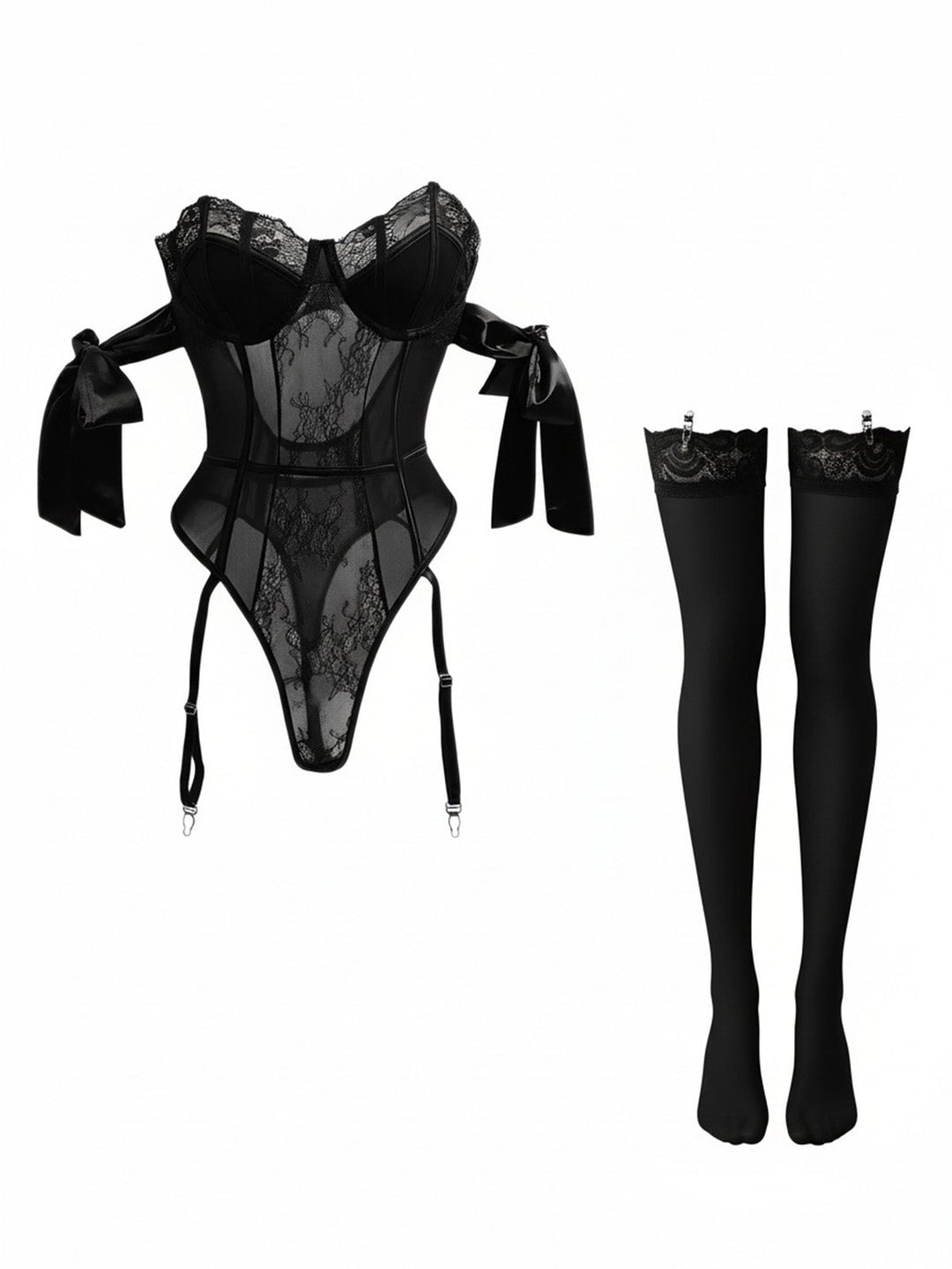 1980s Solid Bow Tie Bodysuit Pajama With Stockings Set - vintage fashion, retro style