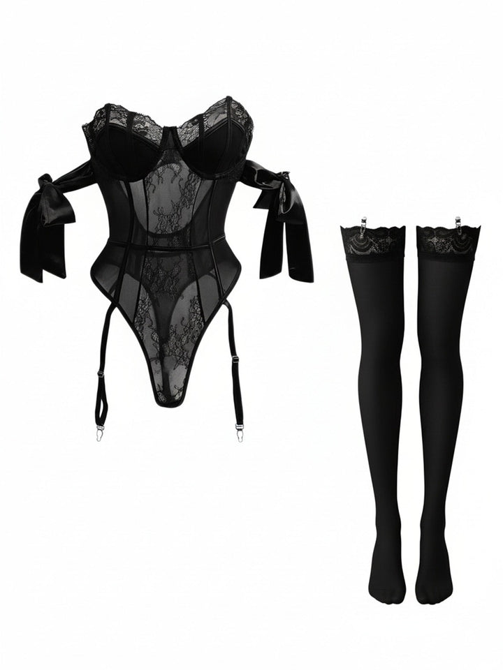 Solid Bow Tie Bodysuit Pajama With Stockings Set - vintage fashion, retro style