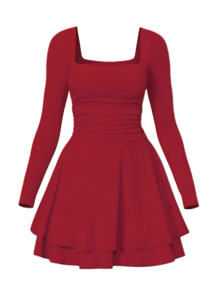 1980s Solid Fitted Square Neck Long Sleeve Dress - vintage dress, retro fashion