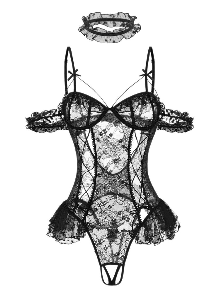 Solid Lace Sheer Bodysuit Nighties - vintage fashion, retro style