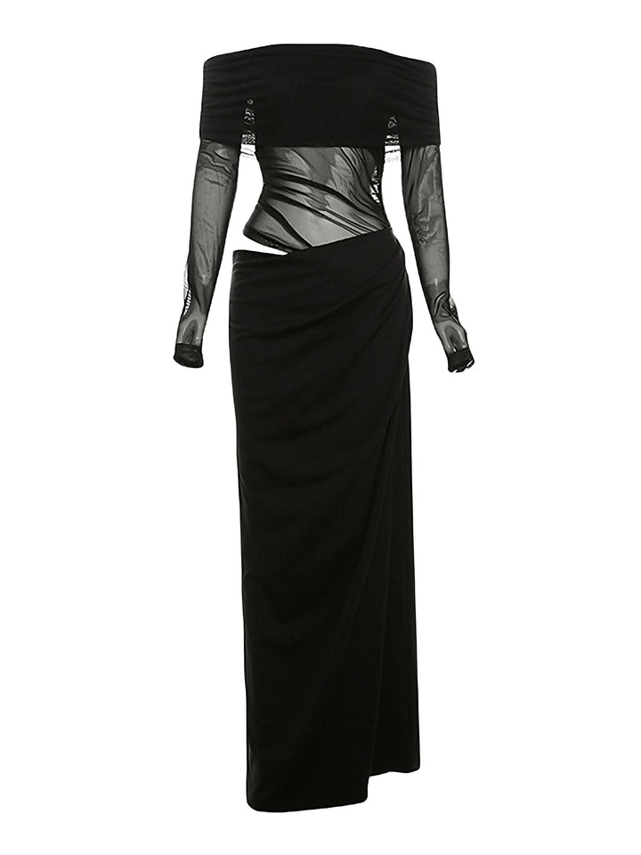 1980s Solid Off-Shoulder Mesh Cut-Out Sheer Dress - vintage dress, retro fashion