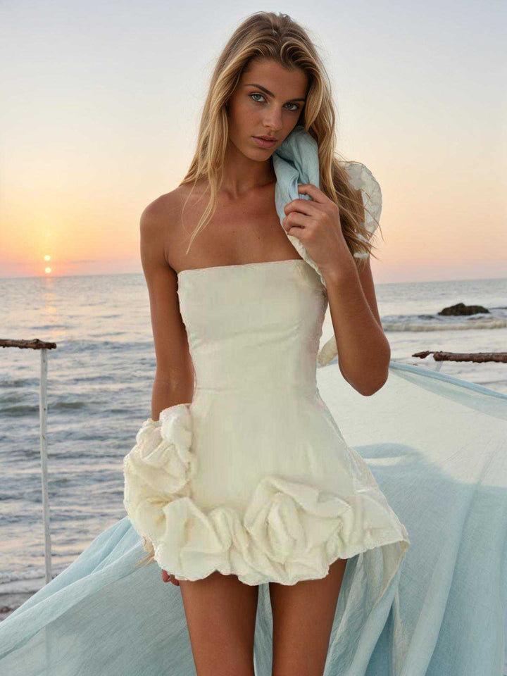 1980s Solid One-Shoulder 3D Flower Mini Dress: where 1980s romance meets her modern spirit