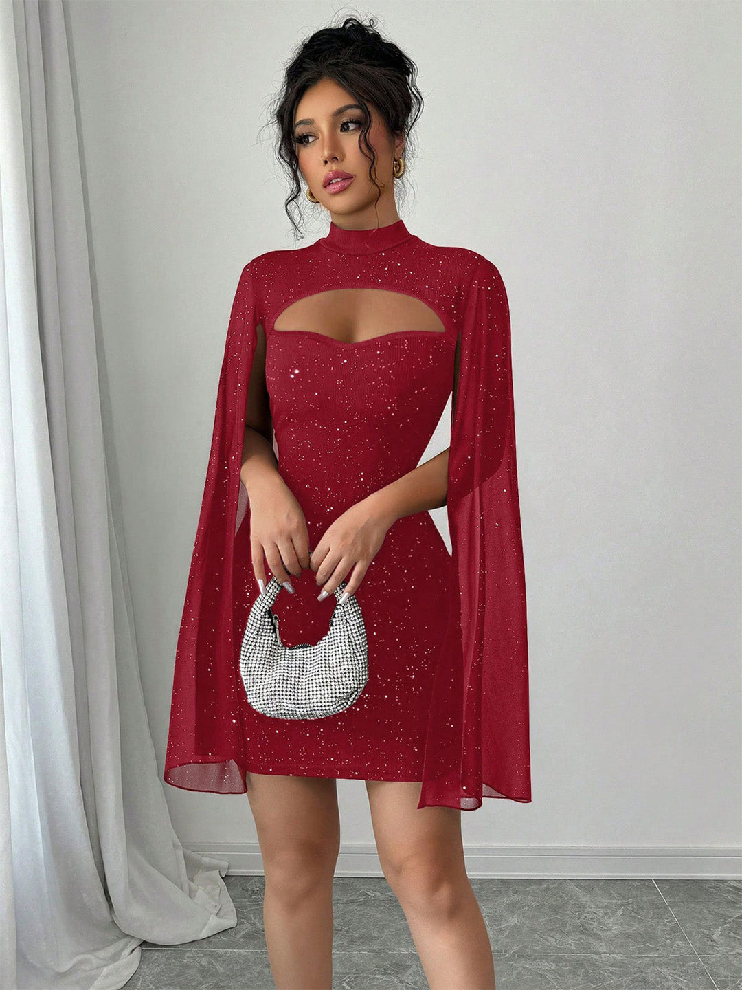 1980s Solid Pearl Chiffon Cape Bodycon Dress - vintage dress, retro fashion
