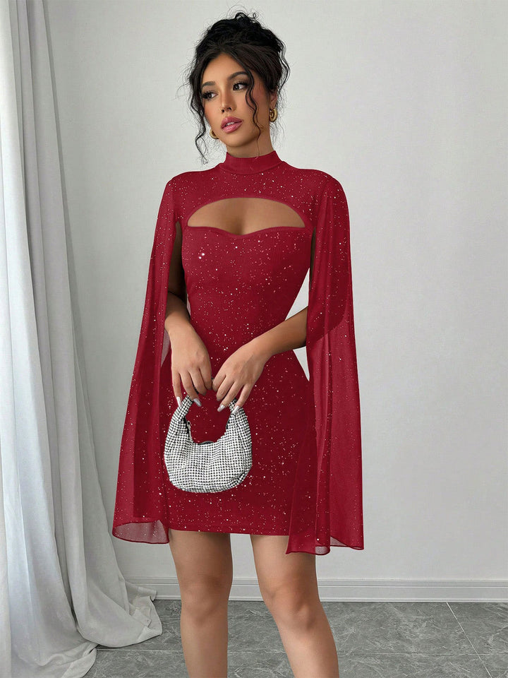 1980s Solid Pearl Chiffon Cape Bodycon Dress - vintage dress, retro fashion