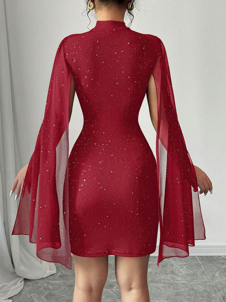 1980s Solid Pearl Chiffon Cape Bodycon Dress - vintage dress, retro fashion
