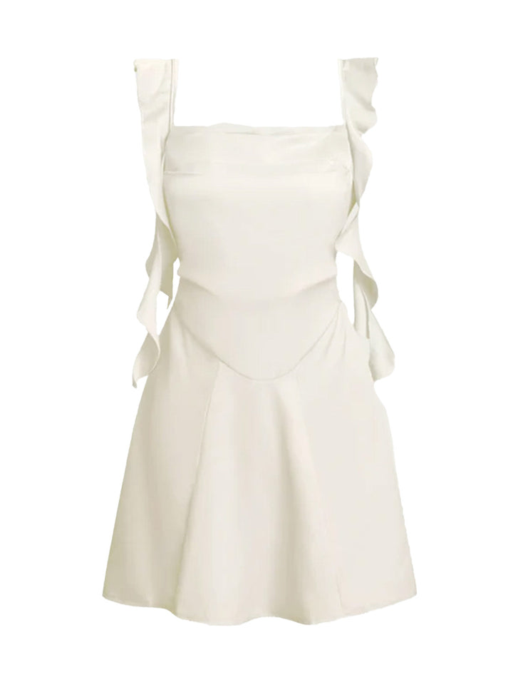 1980s Solid Ruffled Strap Square Neck Dress - vintage dress, retro fashion