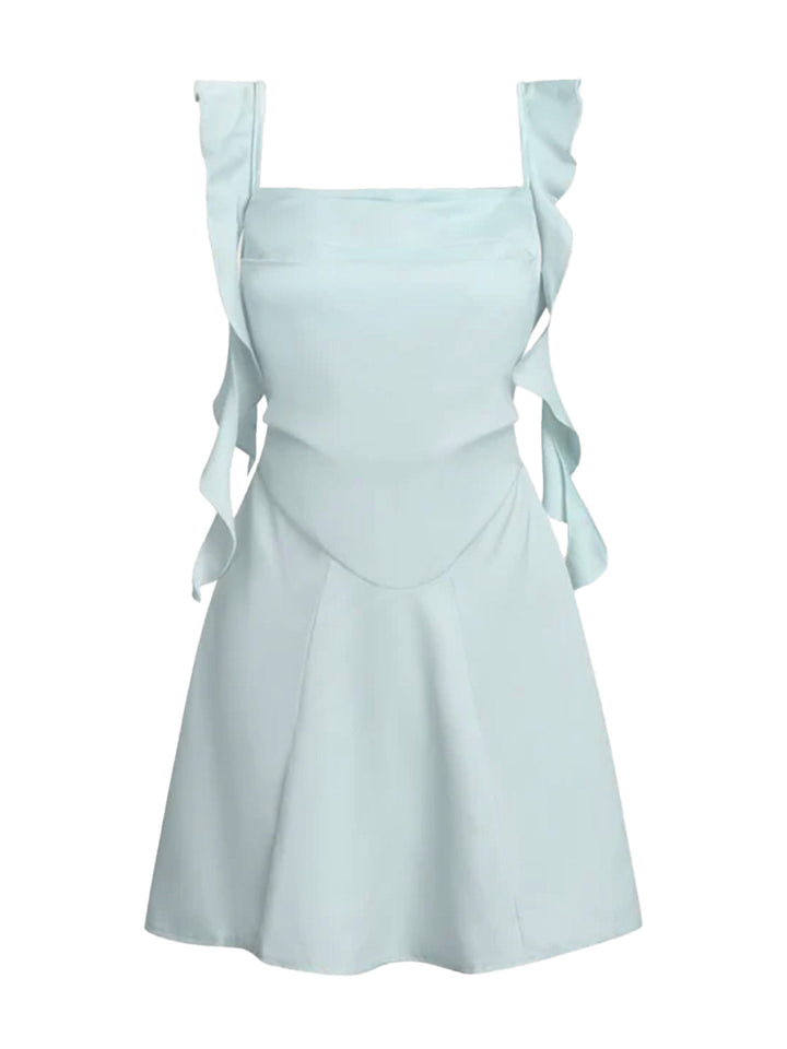 1980s Solid Ruffled Strap Square Neck Dress - vintage dress, retro fashion