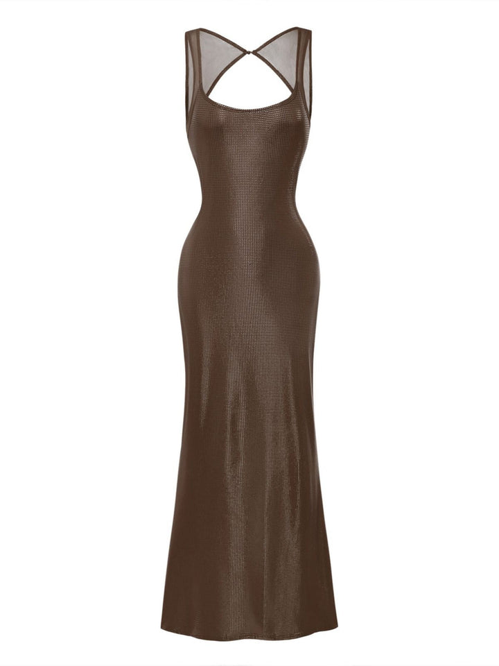 1980s Solid Sequined Mesh Buckle Square Neck Dress - vintage dress, retro fashion