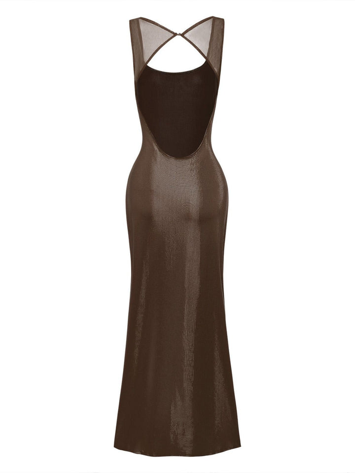 1980s Solid Sequined Mesh Buckle Square Neck Dress - vintage dress, retro fashion