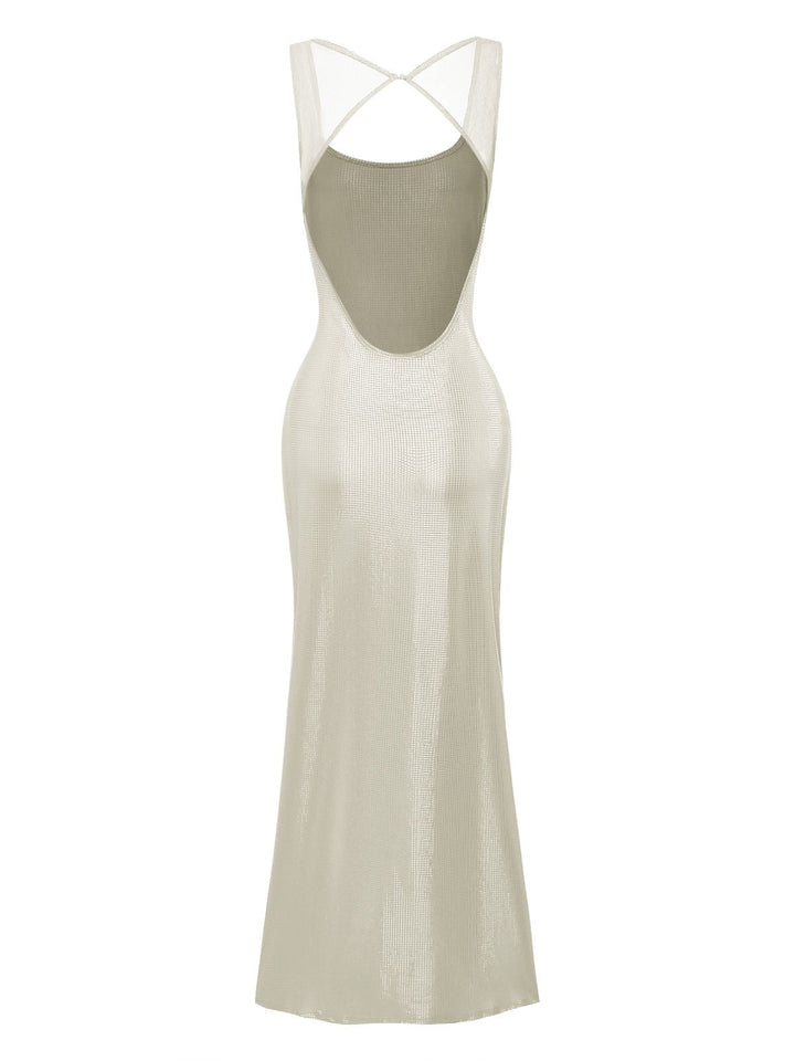 1980s Solid Sequined Mesh Buckle Square Neck Dress - vintage dress, retro fashion