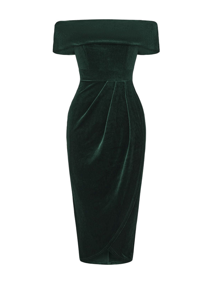 1980s Solid Velvet Off-Shoulder Midi Dress - vintage dress, retro fashion