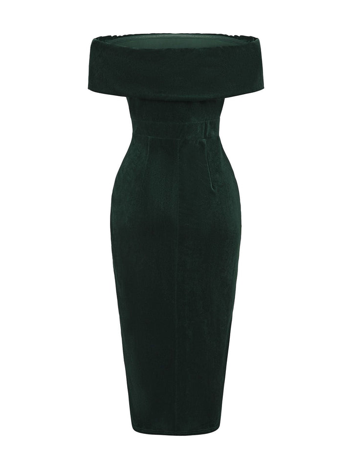 1980s Solid Velvet Off-Shoulder Midi Dress - vintage dress, retro fashion