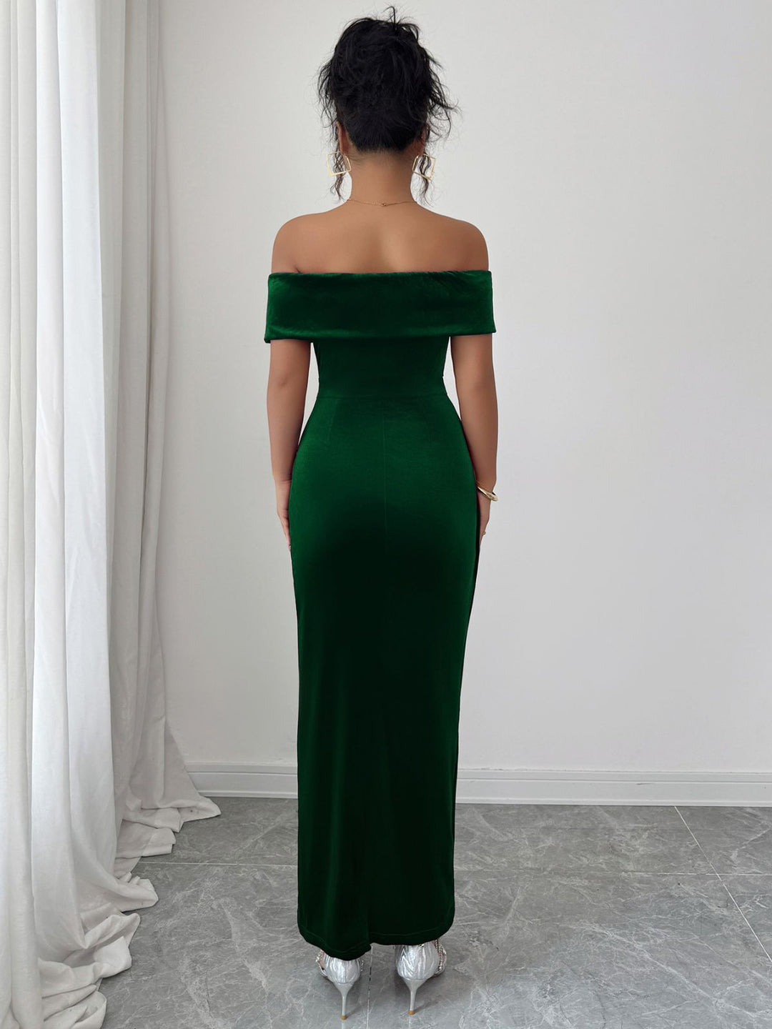 1980s Solid Velvet Off-Shoulder Midi Dress - vintage dress, retro fashion