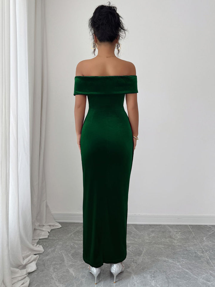 1980s Solid Velvet Off-Shoulder Midi Dress - vintage dress, retro fashion