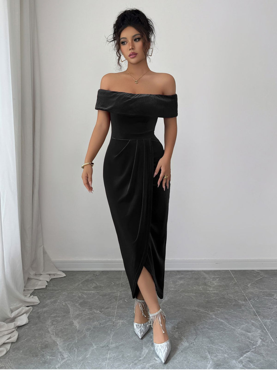 1980s Solid Velvet Off-Shoulder Midi Dress - vintage dress, retro fashion