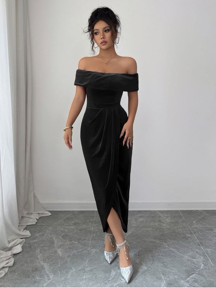 1980s Solid Velvet Off-Shoulder Midi Dress - vintage dress, retro fashion