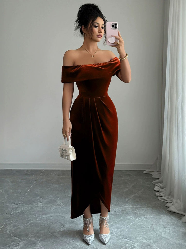 1980s Solid Velvet Off-Shoulder Midi Dress - vintage dress, retro fashion