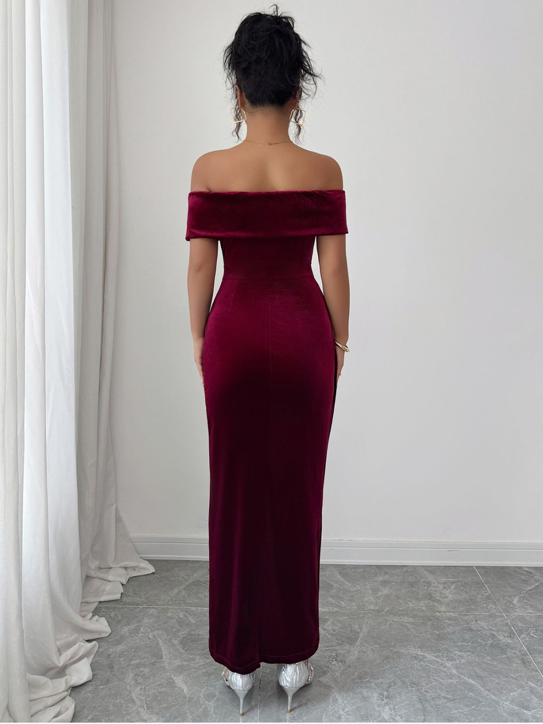1980s Solid Velvet Off-Shoulder Midi Dress - vintage dress, retro fashion