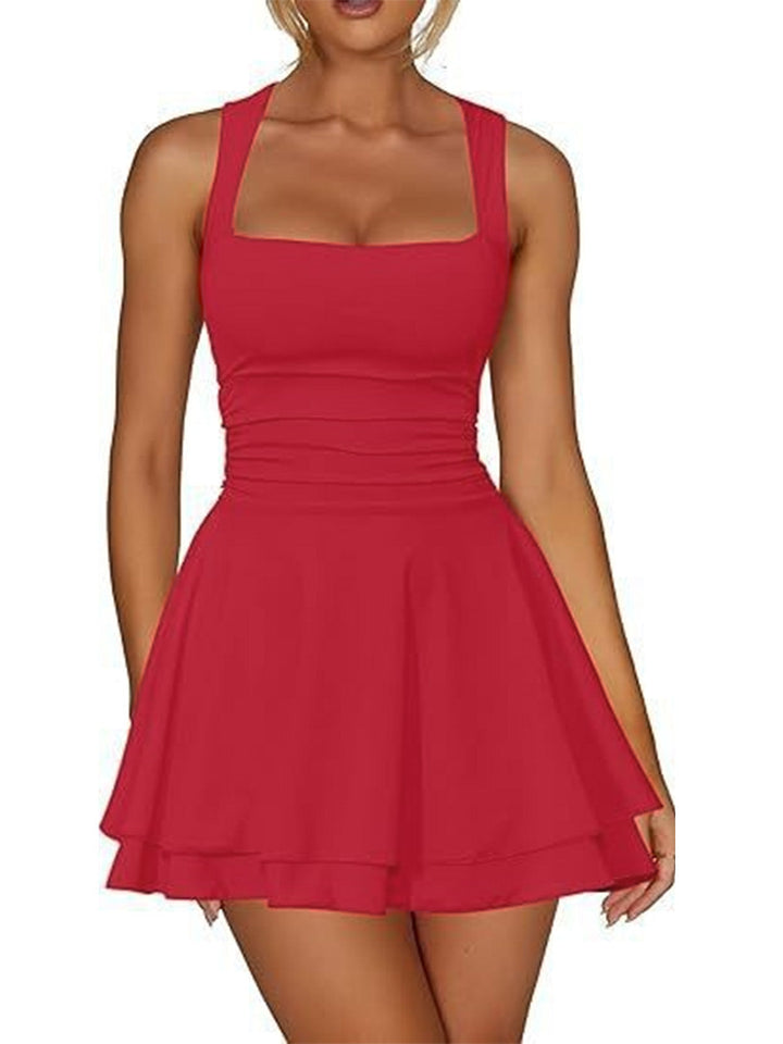1980s Square Neck Ruched Tiered Solid Dress - vintage dress, retro fashion, elegant red