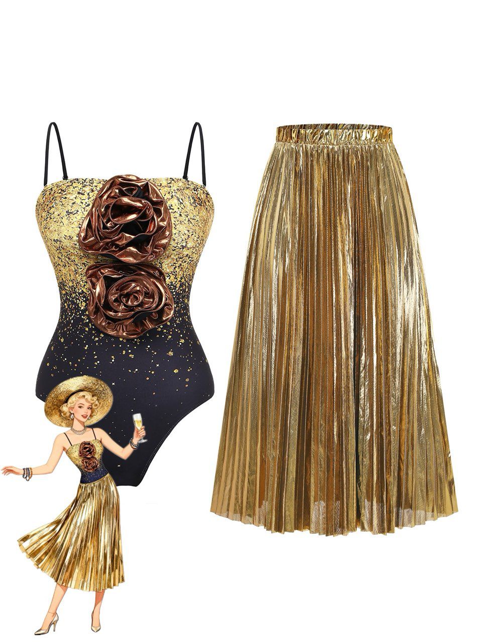 2PCS Gold 1980s Sequined 3D Floral Swimsuit &amp; Cover-Up - vintage swimsuit, pin-up style, glamorous gold