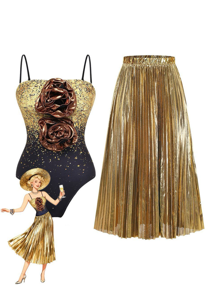2PCS Gold 1980s Sequined 3D Floral Swimsuit &amp; Cover-Up - vintage swimsuit, pin-up style, glamorous gold
