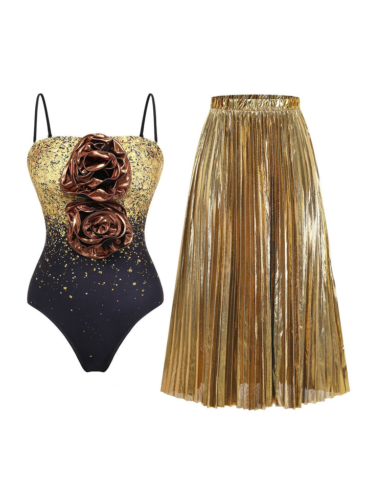 2PCS Gold 1980s Sequined 3D Floral Swimsuit &amp; Cover-Up - vintage swimsuit, pin-up style, glamorous gold
