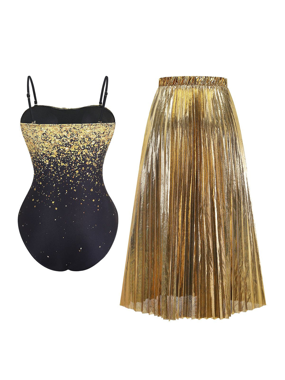 2PCS Gold 1980s Sequined 3D Floral Swimsuit &amp; Cover-Up - vintage swimsuit, pin-up style, glamorous gold