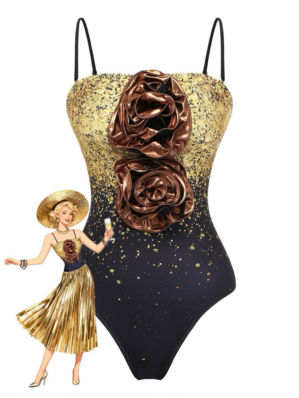 2PCS Gold 1980s Sequined 3D Floral Swimsuit &amp; Cover-Up - vintage swimsuit, pin-up style, glamorous gold