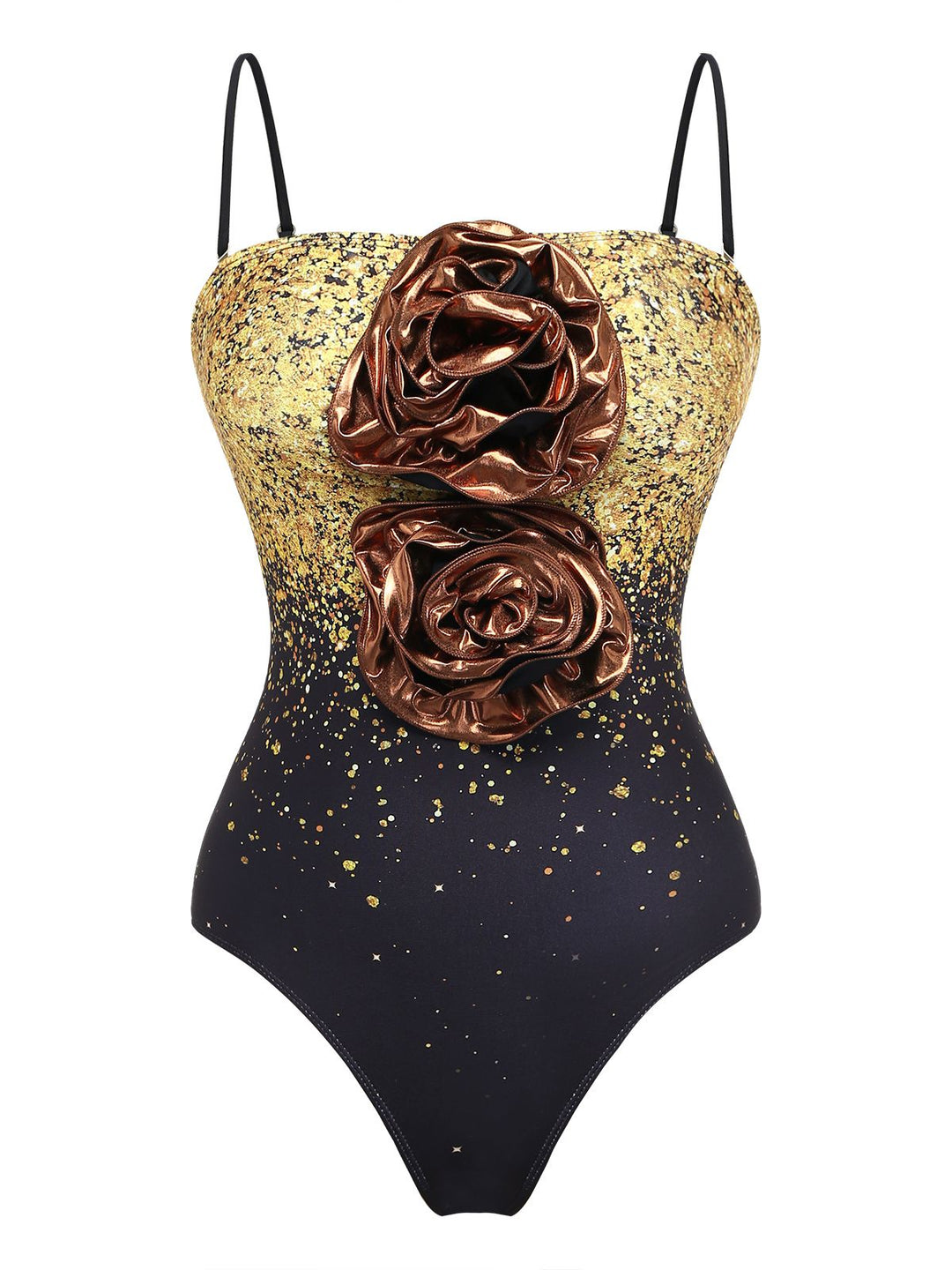2PCS Gold 1980s Sequined 3D Floral Swimsuit &amp; Cover-Up - vintage swimsuit, pin-up style, glamorous gold