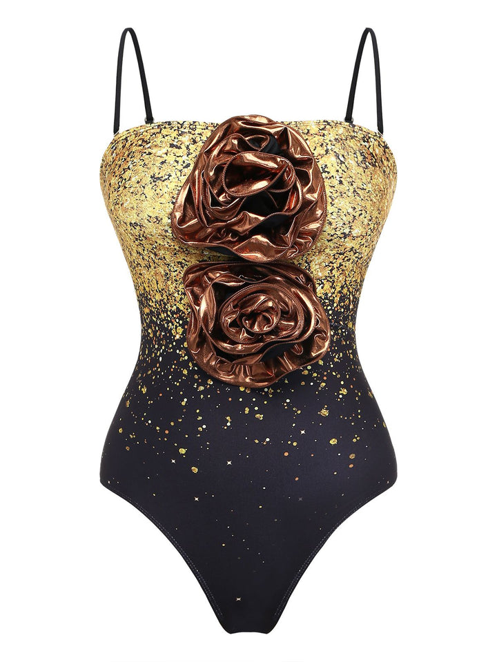 2PCS Gold 1980s Sequined 3D Floral Swimsuit &amp; Cover-Up - vintage swimsuit, pin-up style, glamorous gold