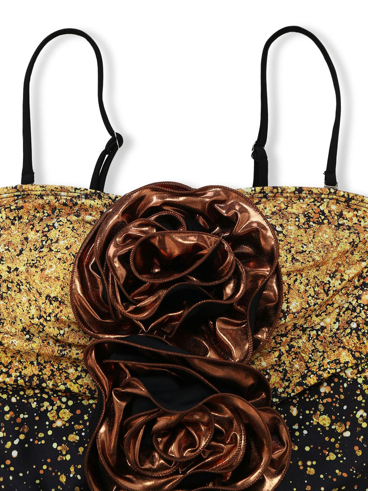 2PCS Gold 1980s Sequined 3D Floral Swimsuit &amp; Cover-Up - vintage swimsuit, pin-up style, glamorous gold