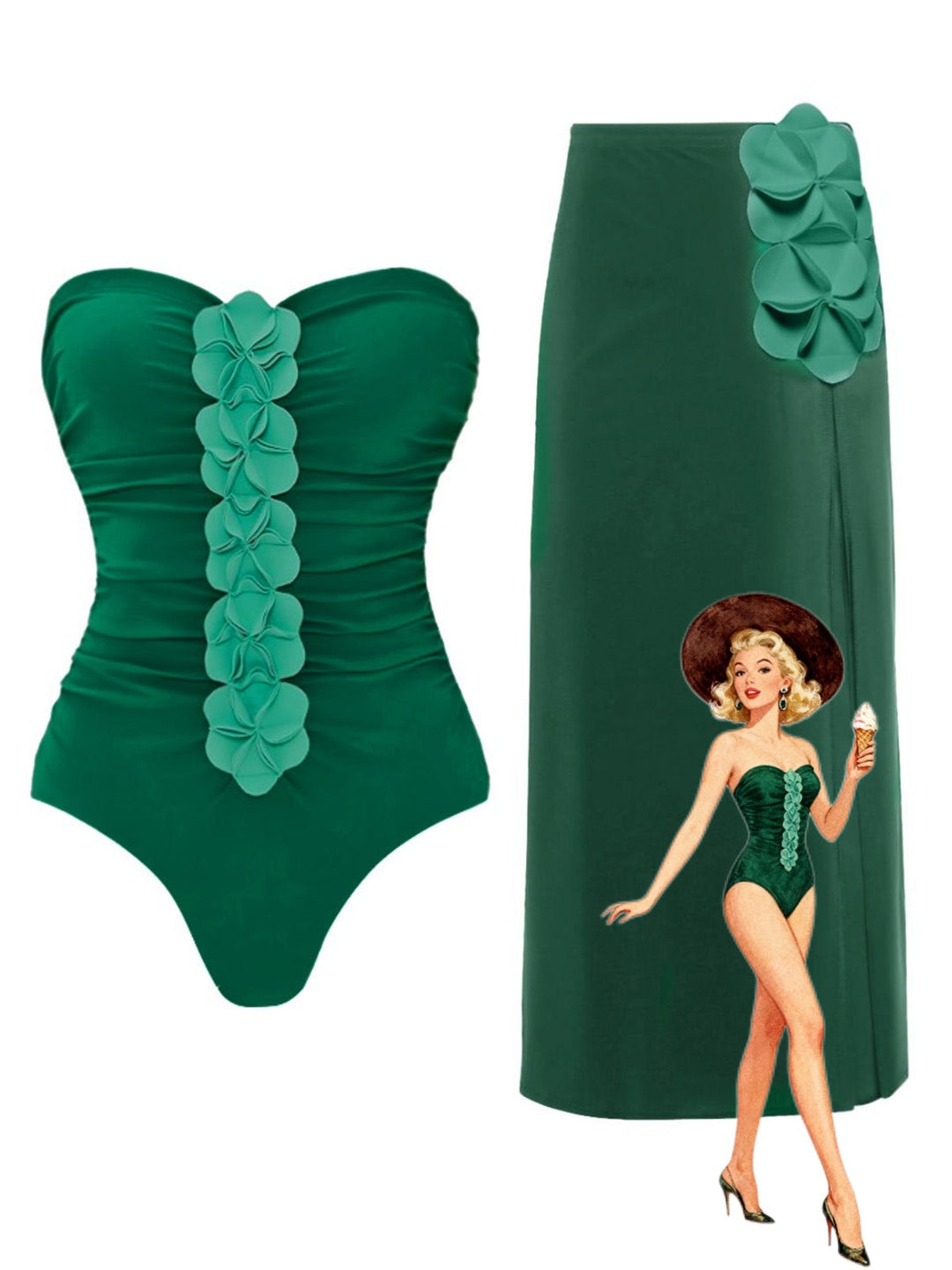 2PCS Green 1980s Strapless 3D Floral One-Piece Swimsuit &amp; Cover-Up - vintage swimsuit, pin-up style