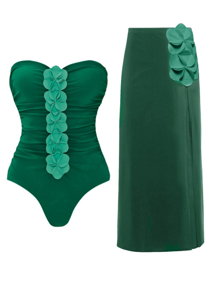 2PCS Green 1980s Strapless 3D Floral One-Piece Swimsuit &amp; Cover-Up - vintage swimsuit, pin-up style