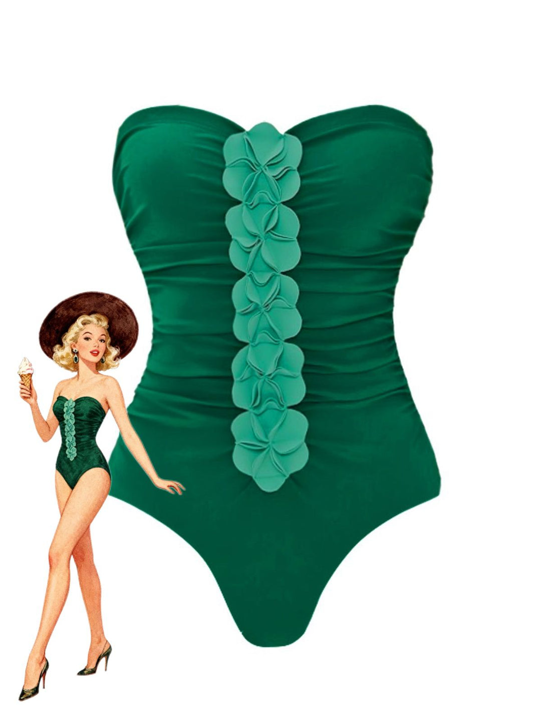 2PCS Green 1980s Strapless 3D Floral One-Piece Swimsuit &amp; Cover-Up - vintage swimsuit, pin-up style