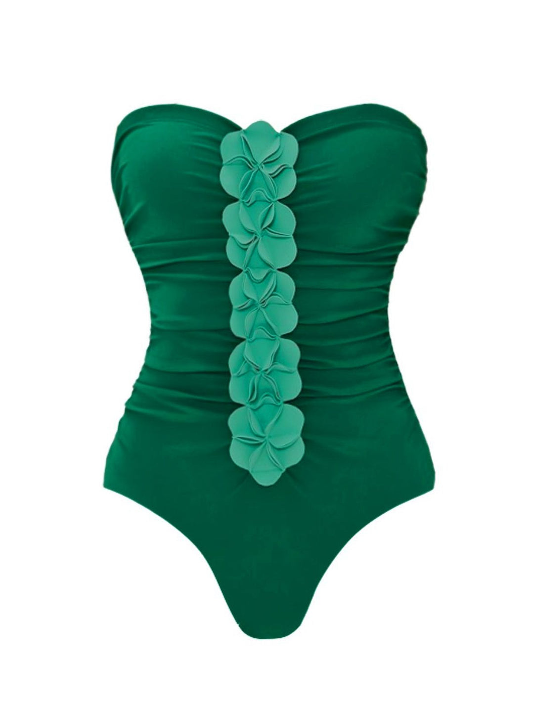 2PCS Green 1980s Strapless 3D Floral One-Piece Swimsuit &amp; Cover-Up - vintage swimsuit, pin-up style