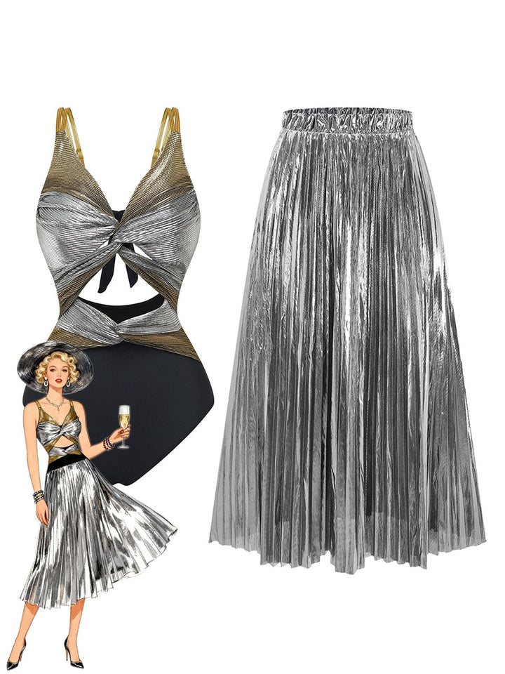 2PCS Metallic 1980s Pleated Cut-Out Swimsuit &amp; Cover-Up - vintage swimsuit, pin-up style