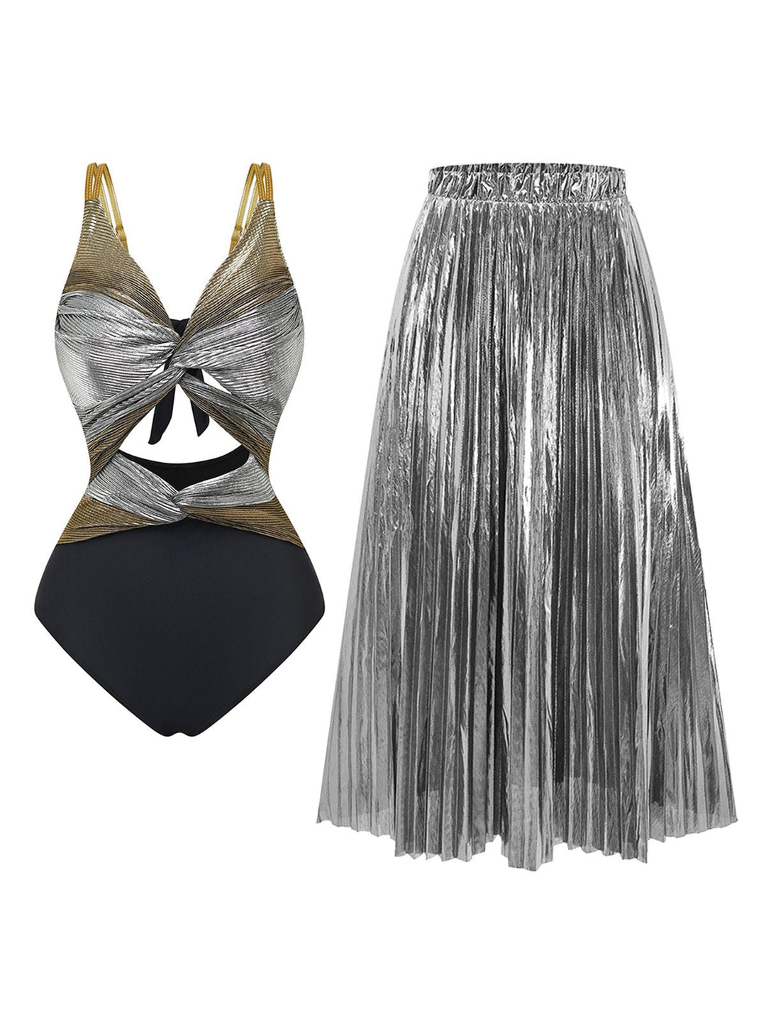 2PCS Metallic 1980s Pleated Cut-Out Swimsuit &amp; Cover-Up - vintage swimsuit, pin-up style