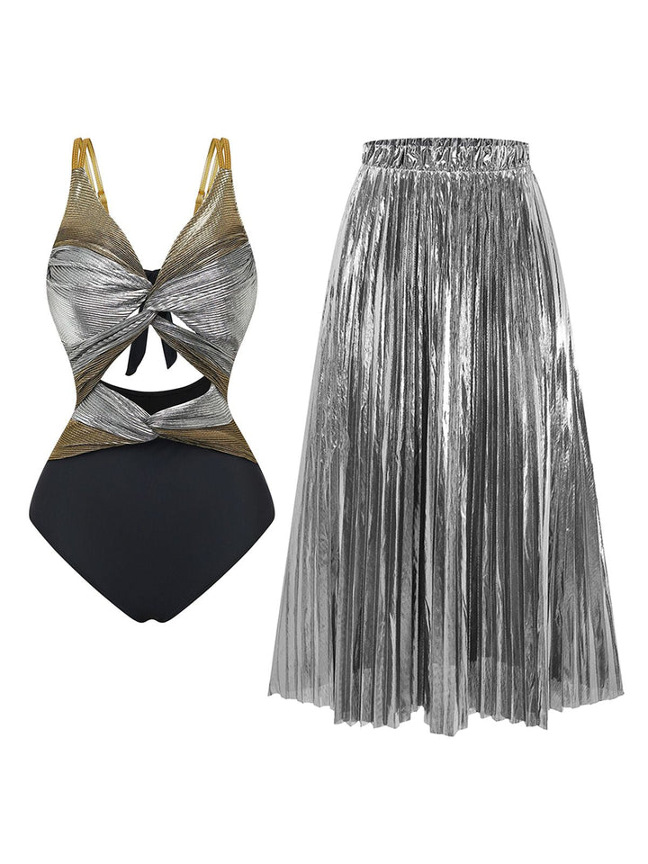2PCS Metallic 1980s Pleated Cut-Out Swimsuit &amp; Cover-Up - vintage swimsuit, pin-up style