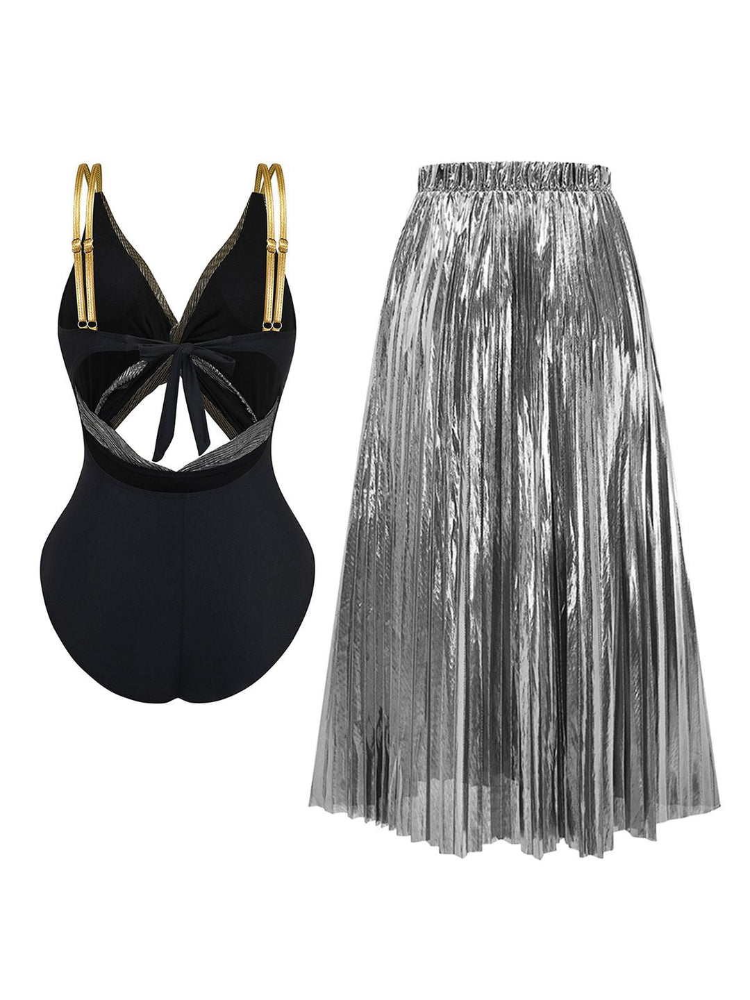 2PCS Metallic 1980s Pleated Cut-Out Swimsuit &amp; Cover-Up - vintage swimsuit, pin-up style