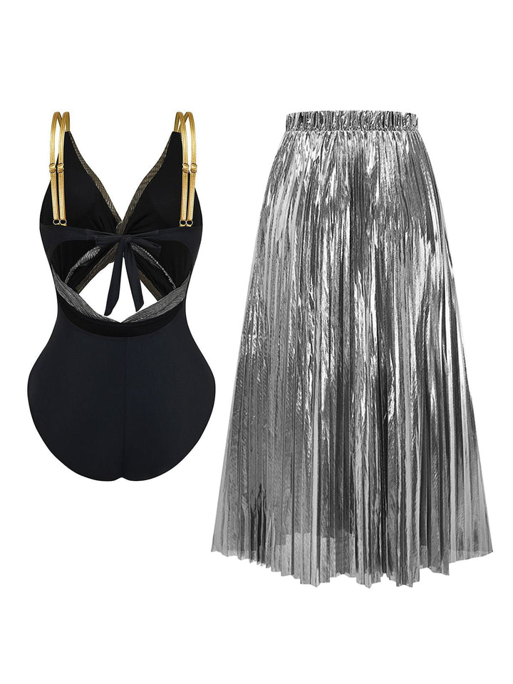 2PCS Metallic 1980s Pleated Cut-Out Swimsuit &amp; Cover-Up - vintage swimsuit, pin-up style