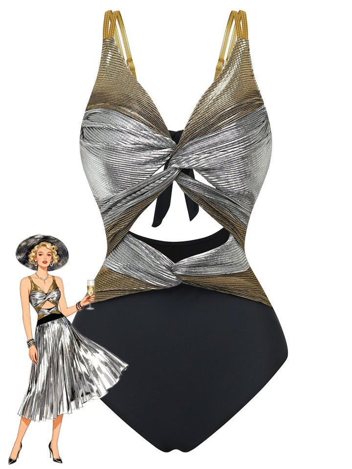 2PCS Metallic 1980s Pleated Cut-Out Swimsuit &amp; Cover-Up - vintage swimsuit, pin-up style