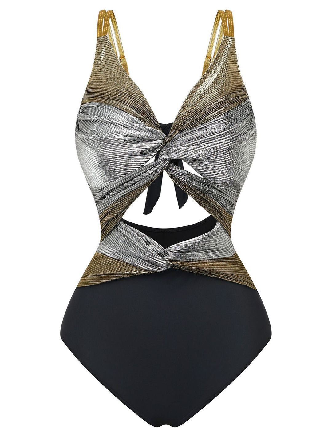2PCS Metallic 1980s Pleated Cut-Out Swimsuit &amp; Cover-Up - vintage swimsuit, pin-up style