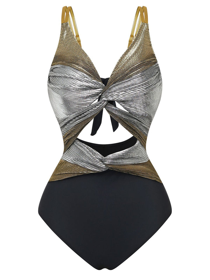 2PCS Metallic 1980s Pleated Cut-Out Swimsuit &amp; Cover-Up - vintage swimsuit, pin-up style