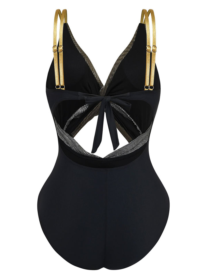 2PCS Metallic 1980s Pleated Cut-Out Swimsuit &amp; Cover-Up - vintage swimsuit, pin-up style