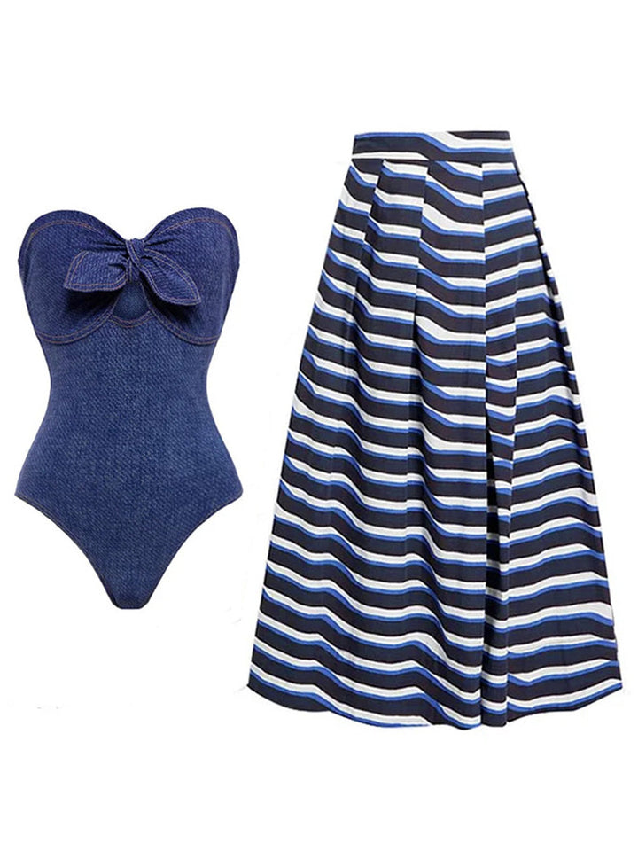 2PCS 1980s Strapless Denim Bow Swimsuit &amp; Striped Cover-Up - vintage swimsuit, pin-up style