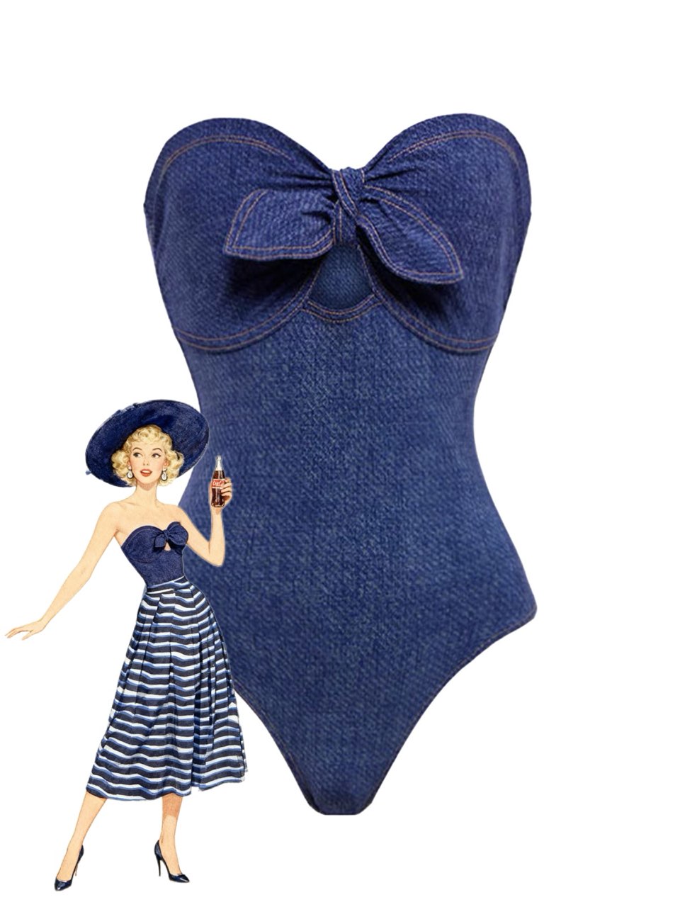 2PCS 1980s Strapless Denim Bow Swimsuit &amp; Striped Cover-Up - vintage swimsuit, pin-up style